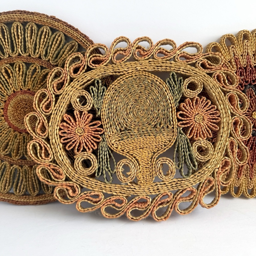 Vtg Raffia Straw Wicker Rattan Trivets Hot Pad Wall Decor Boho 3 Pc Cottagecore - Picture 2 of 7
